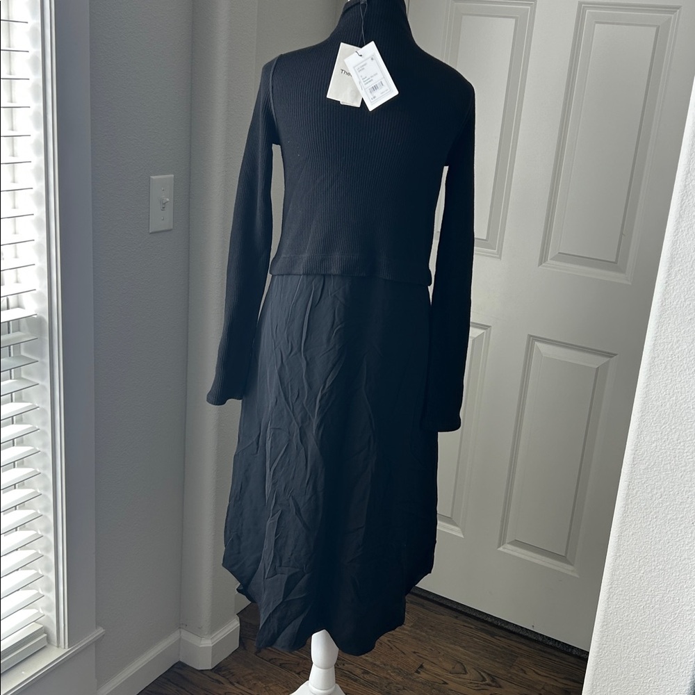 Theory LS Combo Dress Black Sweater Rib Knit Silk Shirt Tail Midi Size S NWT - Picture 4 of 8